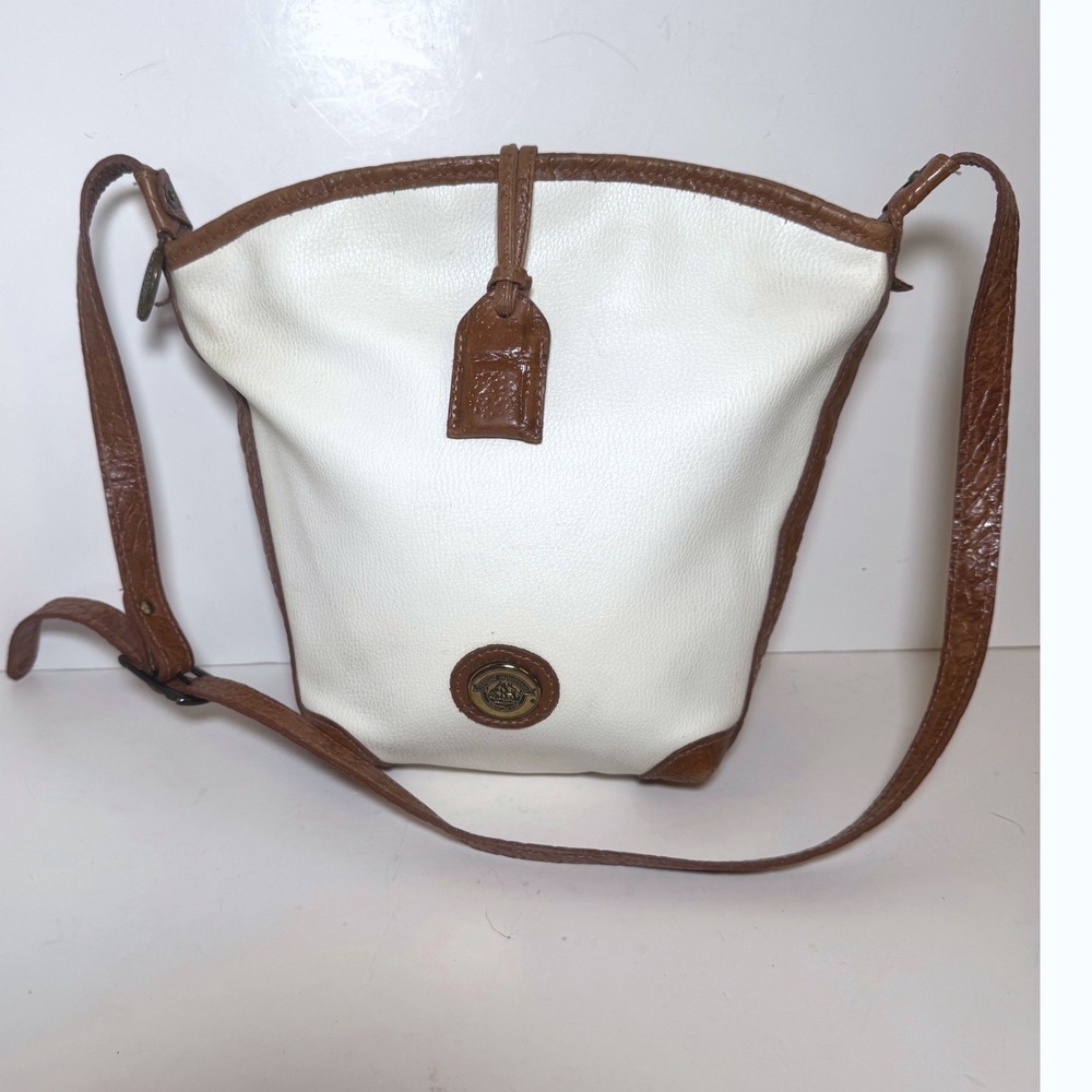 Stone Mountain Vtg Leather Crossbody Bag White Brown USA Made Adjustable Strap